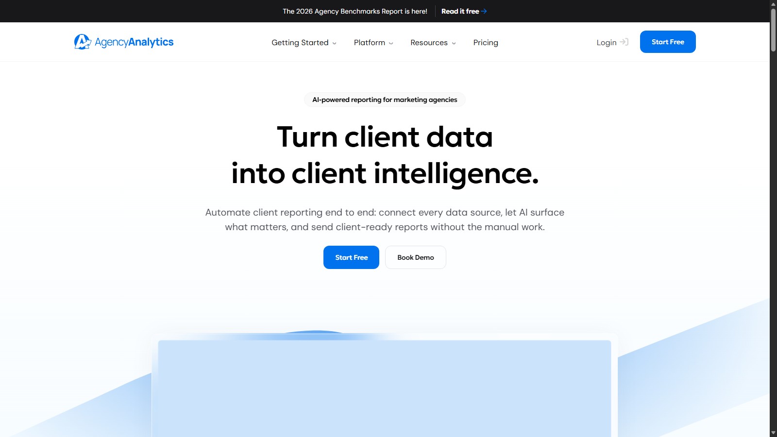 AgencyAnalytics homepage for AI-powered marketing client reporting