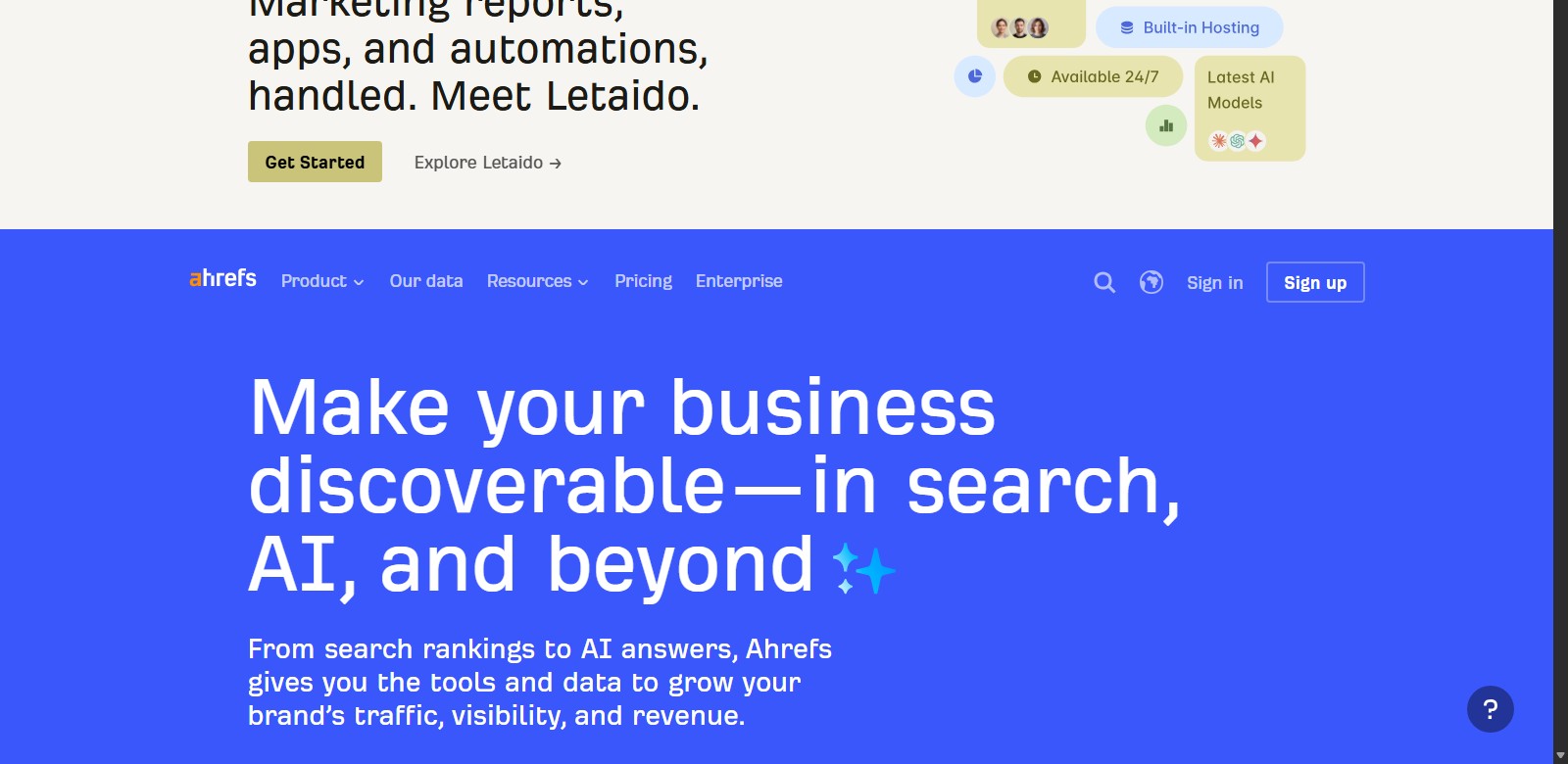 Ahrefs homepage for search, AI visibility, and competitive data