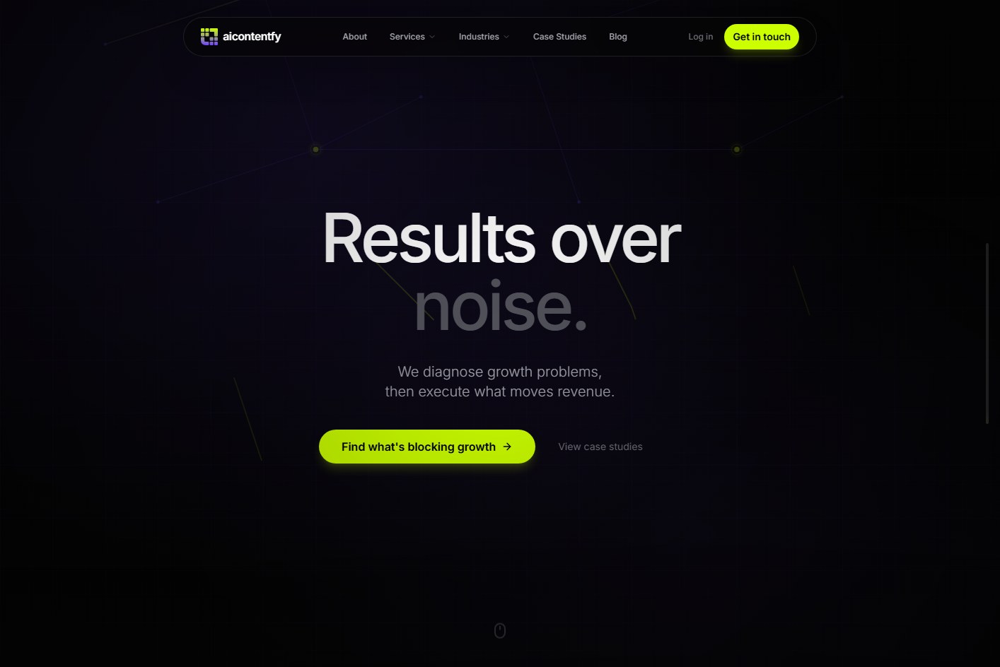 AIContentfy homepage showing Delta growth diagnostic and agency positioning