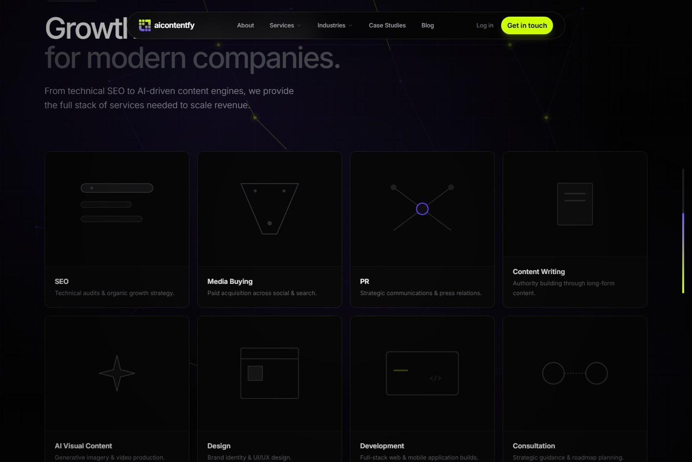 AIContentfy capabilities section showing SEO, media buying, PR, content writing, design, development, and consultation services
