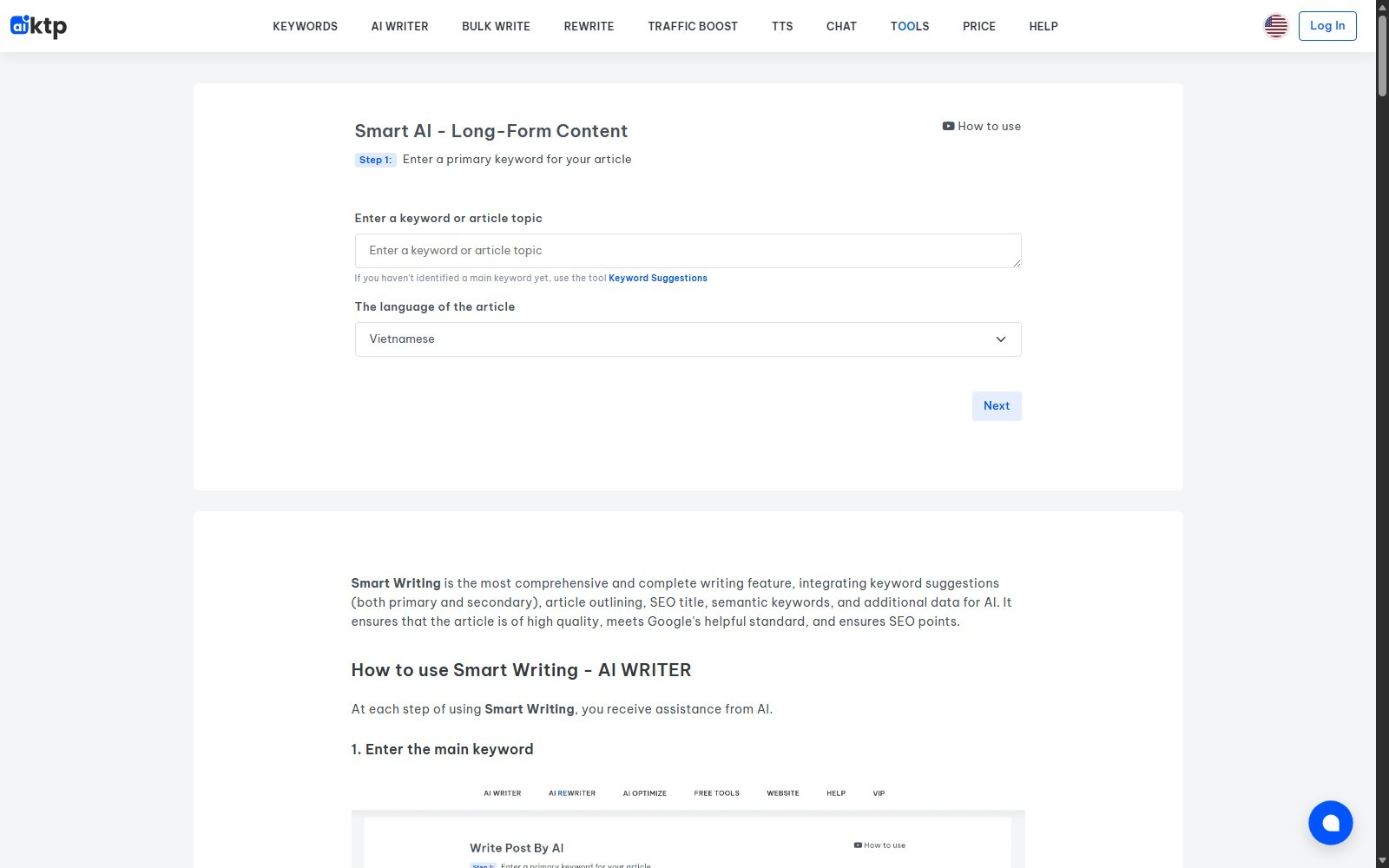 AIKTP Smart AI interface for selecting a keyword and article language