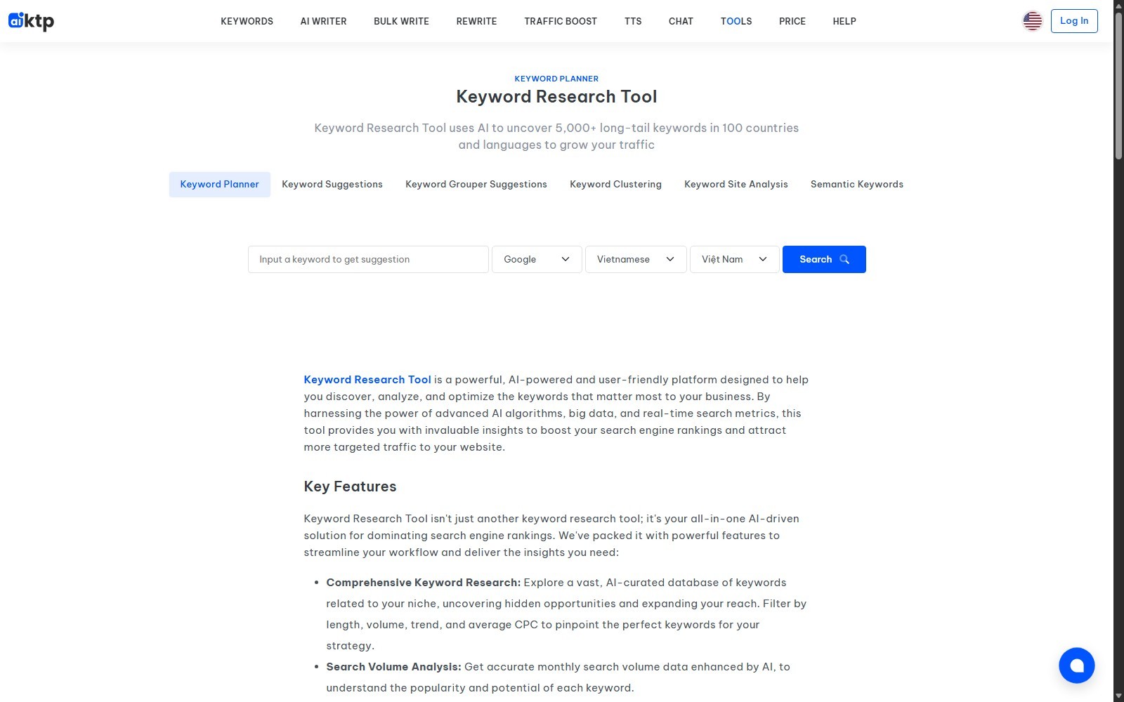 AIKTP Keyword Planner with country, language, and search-source options