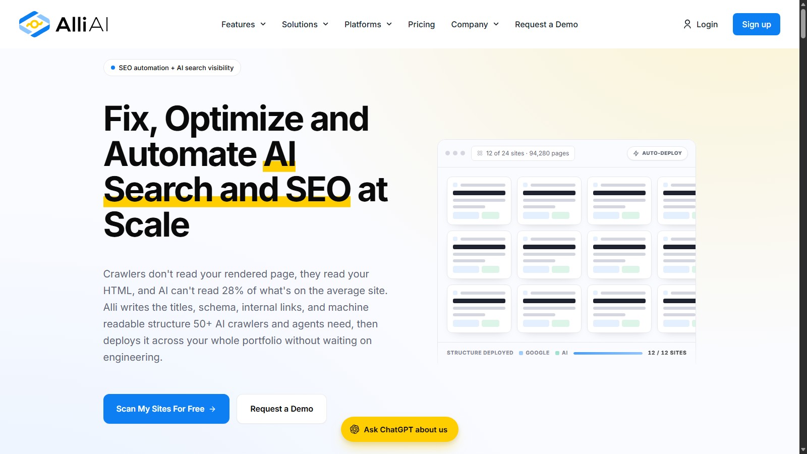 Alli AI homepage for automated SEO and AI search visibility
