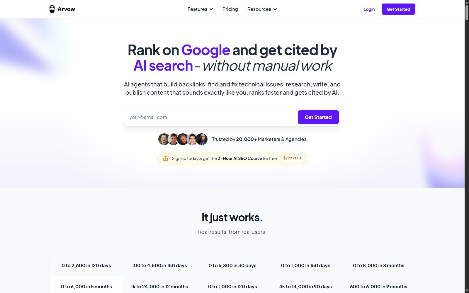 Arvow homepage showing AI agents for SEO content, technical fixes, and AI-search visibility
