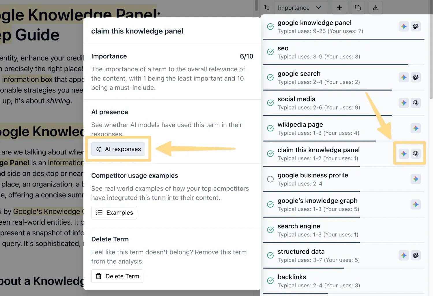 Clearscope AI Term Presence showing Gemini and GPT indicators beside recommended terms
