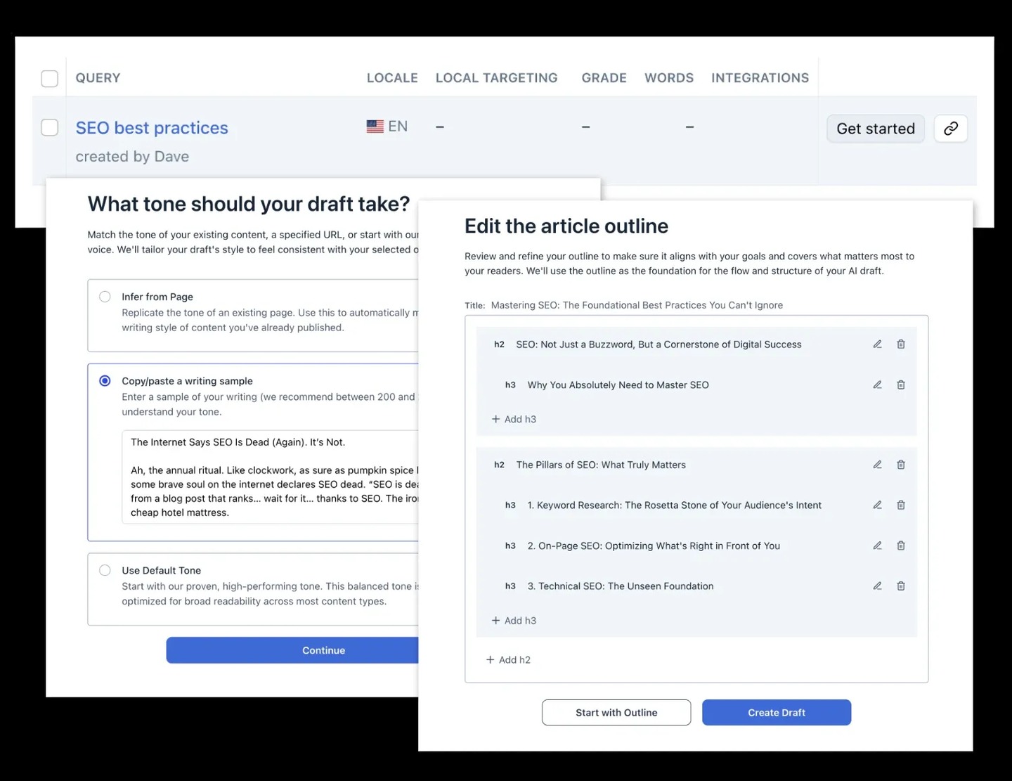 Clearscope AI writing workflow choosing a draft tone and editing an outline