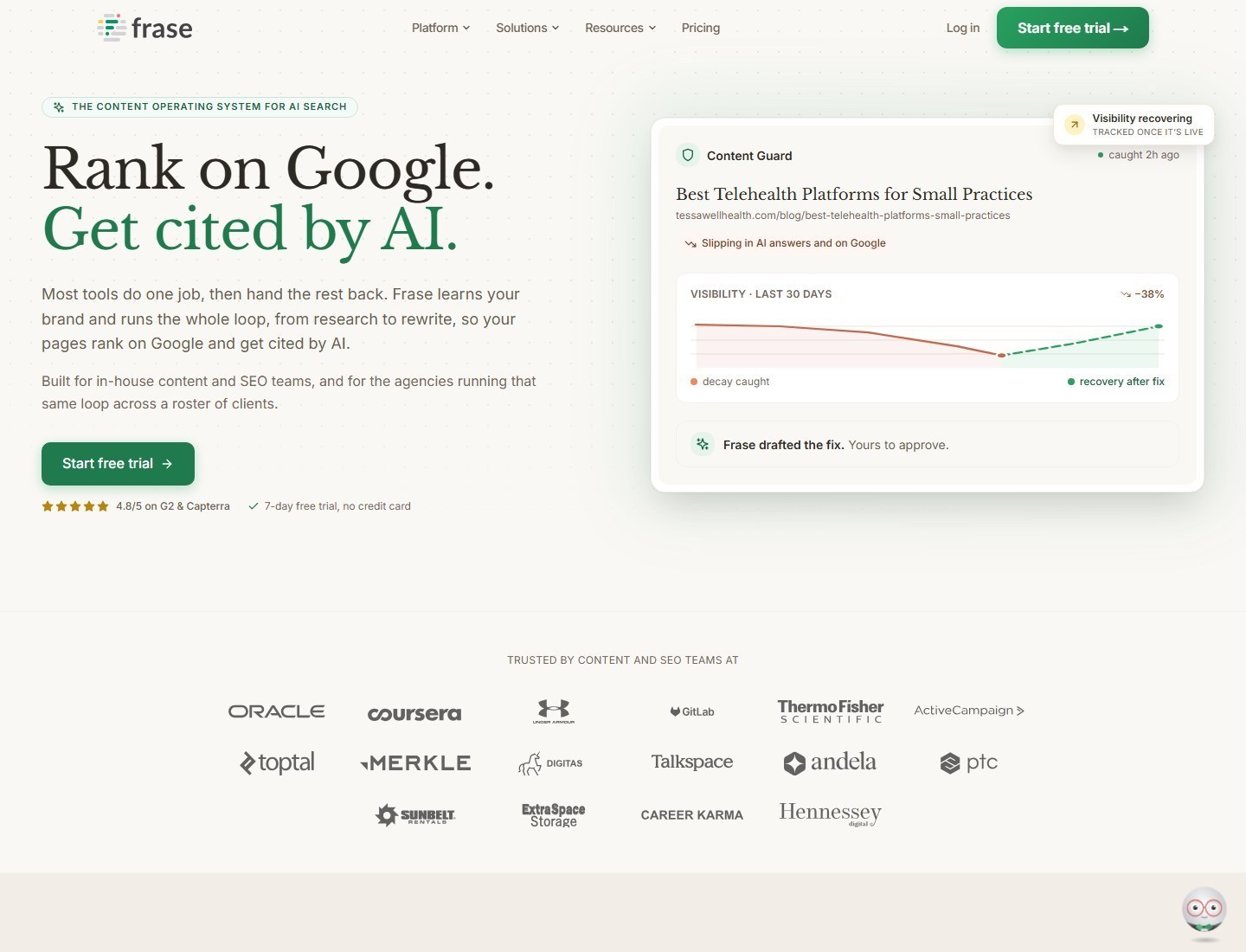 Frase SEO and GEO content workflow for Clearscope alternatives