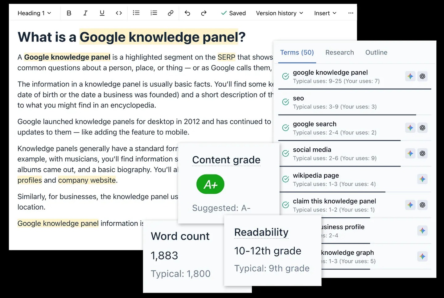 Clearscope content editor with an A+ grade, recommended terms, word count, and readability