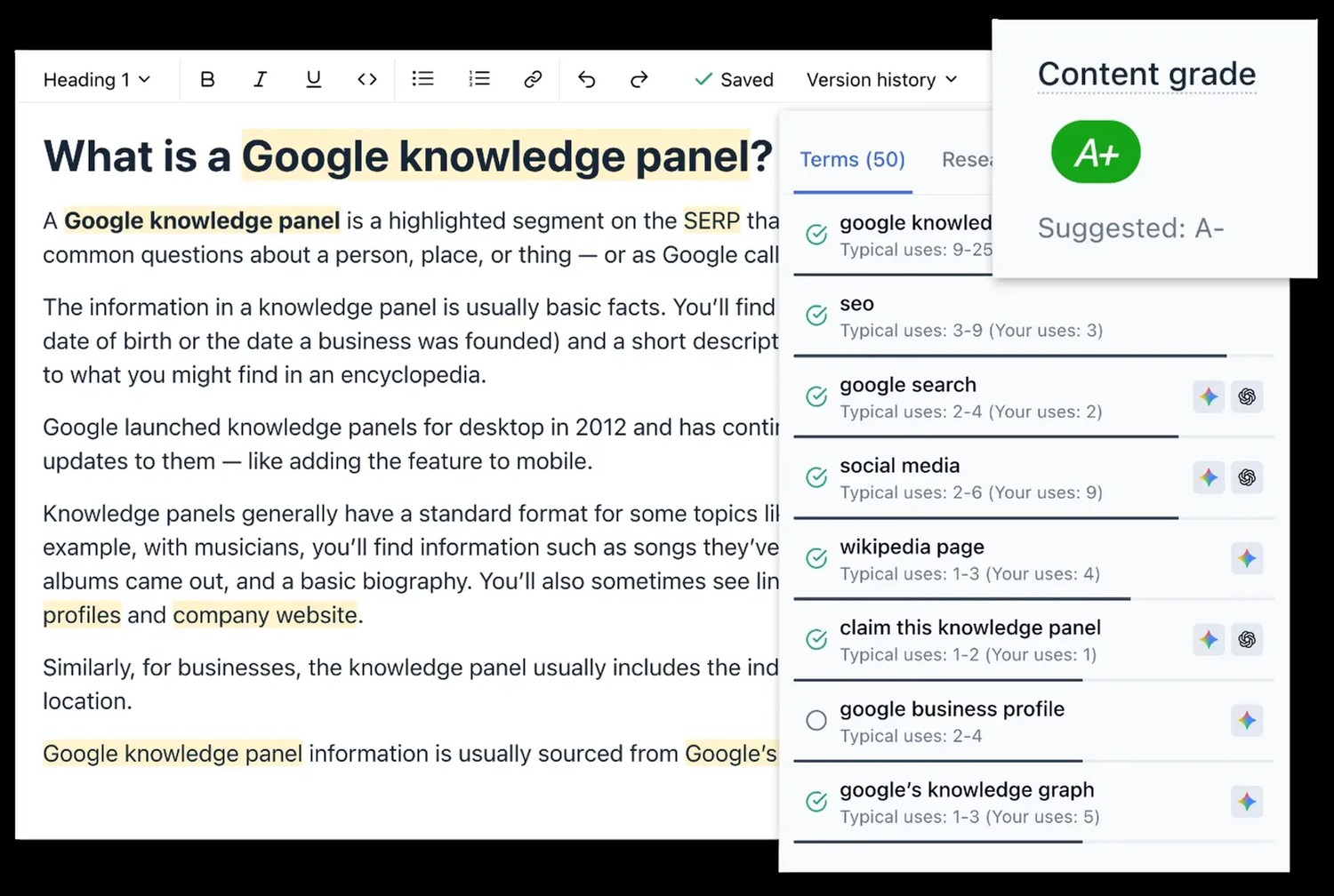 Clearscope Content Grade interface showing a high letter grade and term recommendations