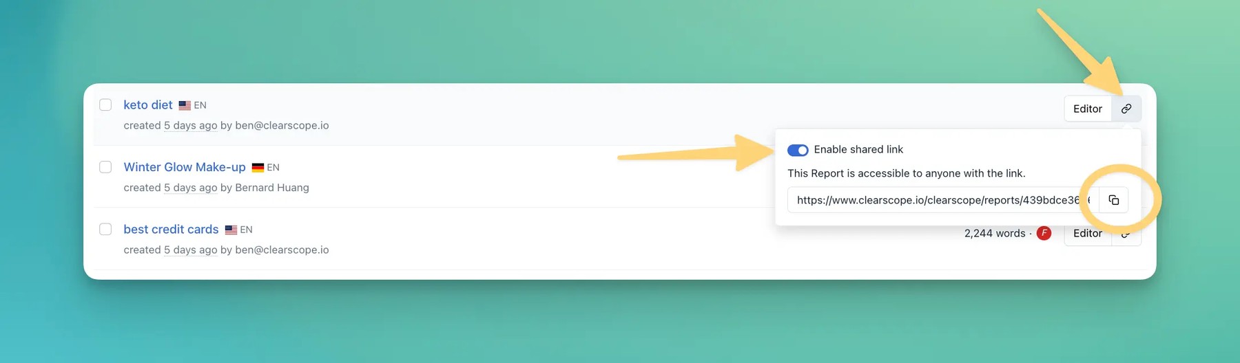 Clearscope Draft menu with the shared link toggle enabled