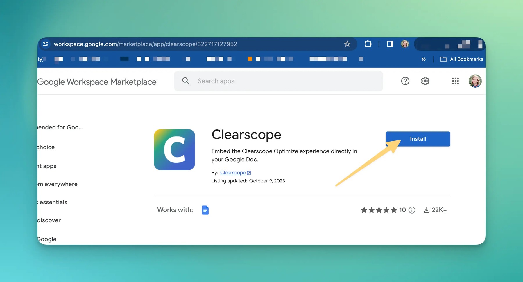 Clearscope Google Workspace Marketplace installation page for the Google Docs add-on