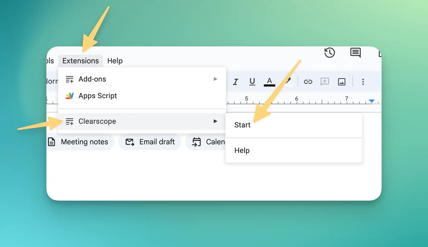 Google Docs Extensions menu showing Clearscope and the Start action