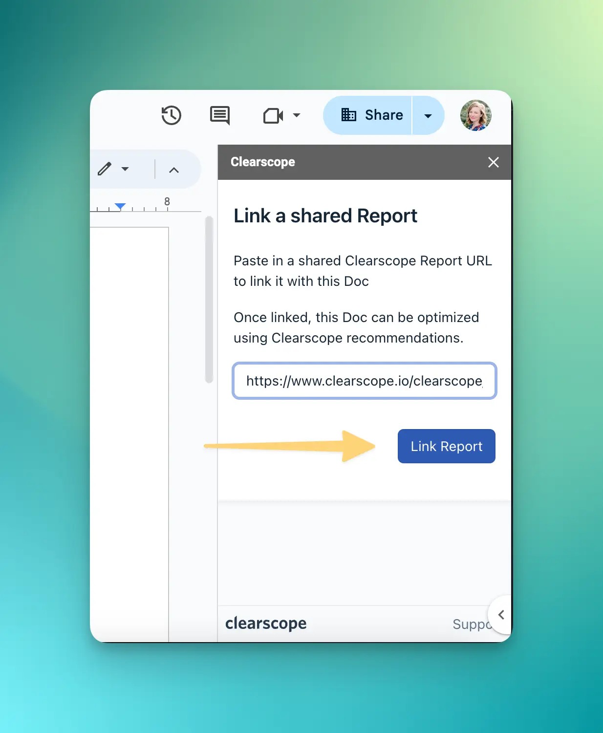 Clearscope Google Docs sidebar with a Draft URL ready to link
