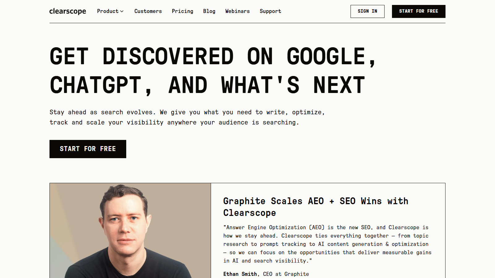 Clearscope official homepage highlighting content optimization for Google and AI search
