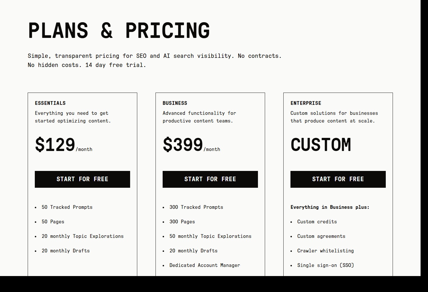 Clearscope pricing page showing Essentials, Business, and Enterprise plans