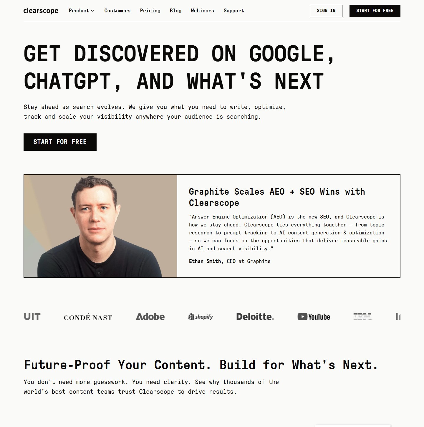 Clearscope homepage presenting SEO and AI search visibility across Google, ChatGPT, and Gemini