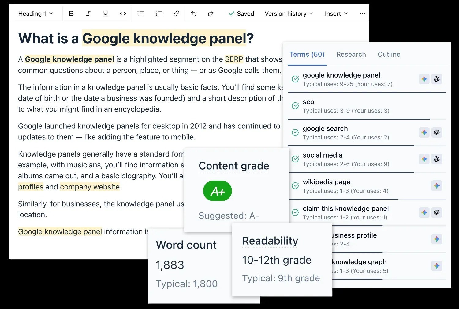 Clearscope Optimize interface with content grade and prioritized term recommendations