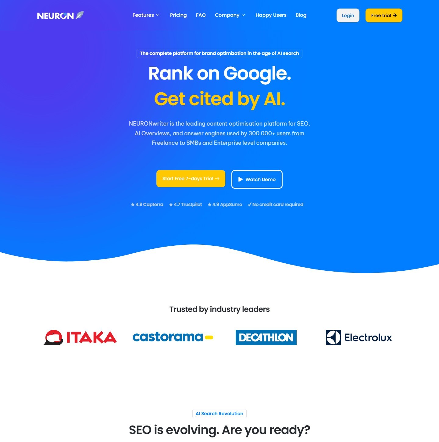 NeuronWriter homepage presenting SEO content optimization and AI visibility tools
