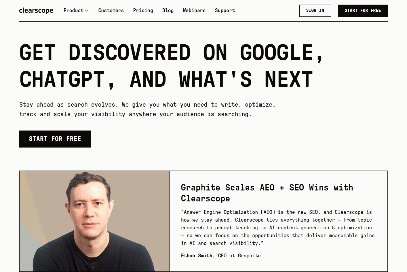 Clearscope homepage positioning the platform for Google and AI search visibility