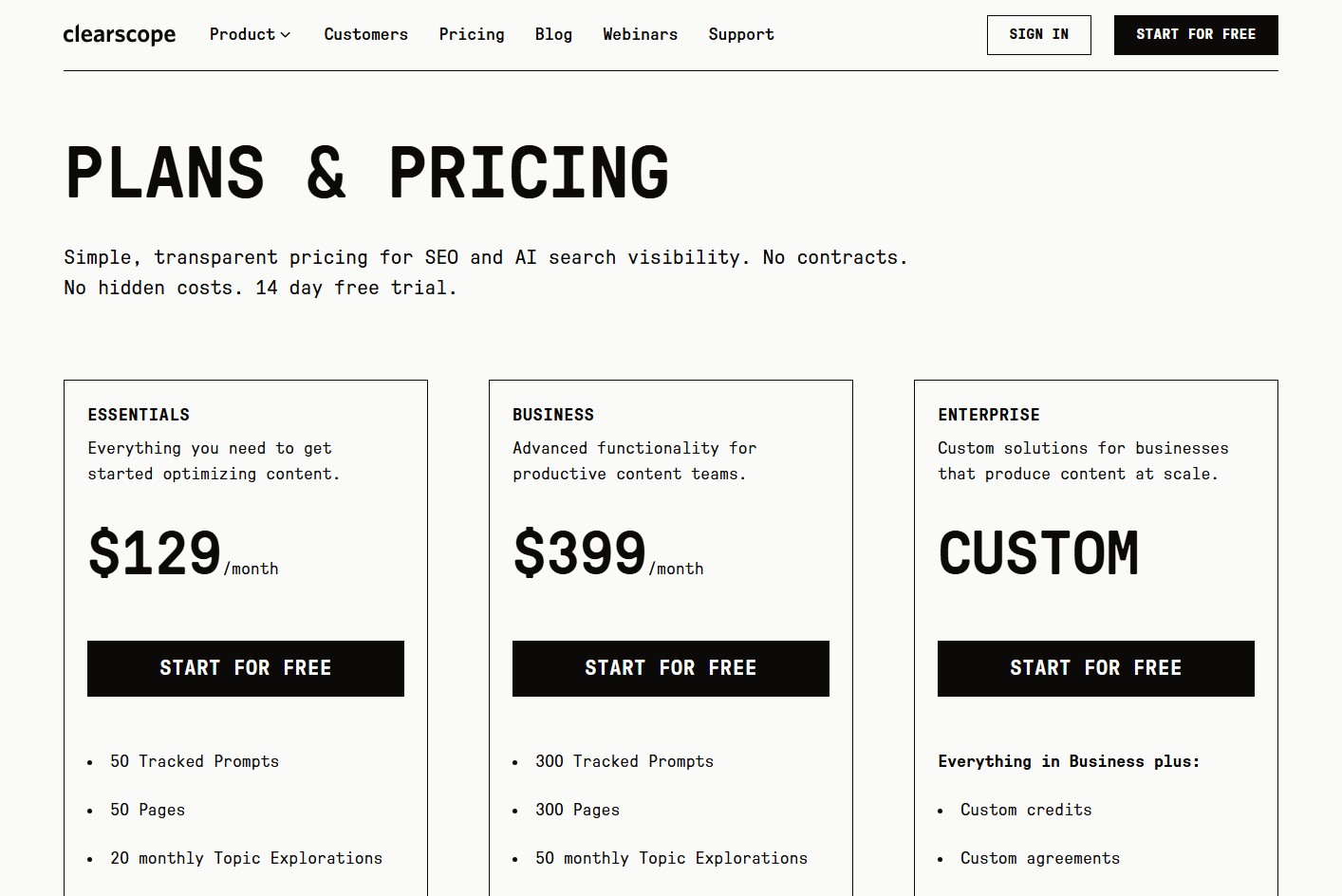 Clearscope pricing page showing Essentials, Business, Enterprise, and the 14-day trial