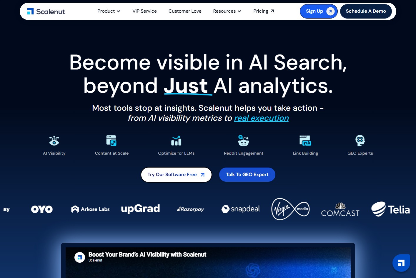 Scalenut homepage presenting AI visibility and execution workflows for search growth