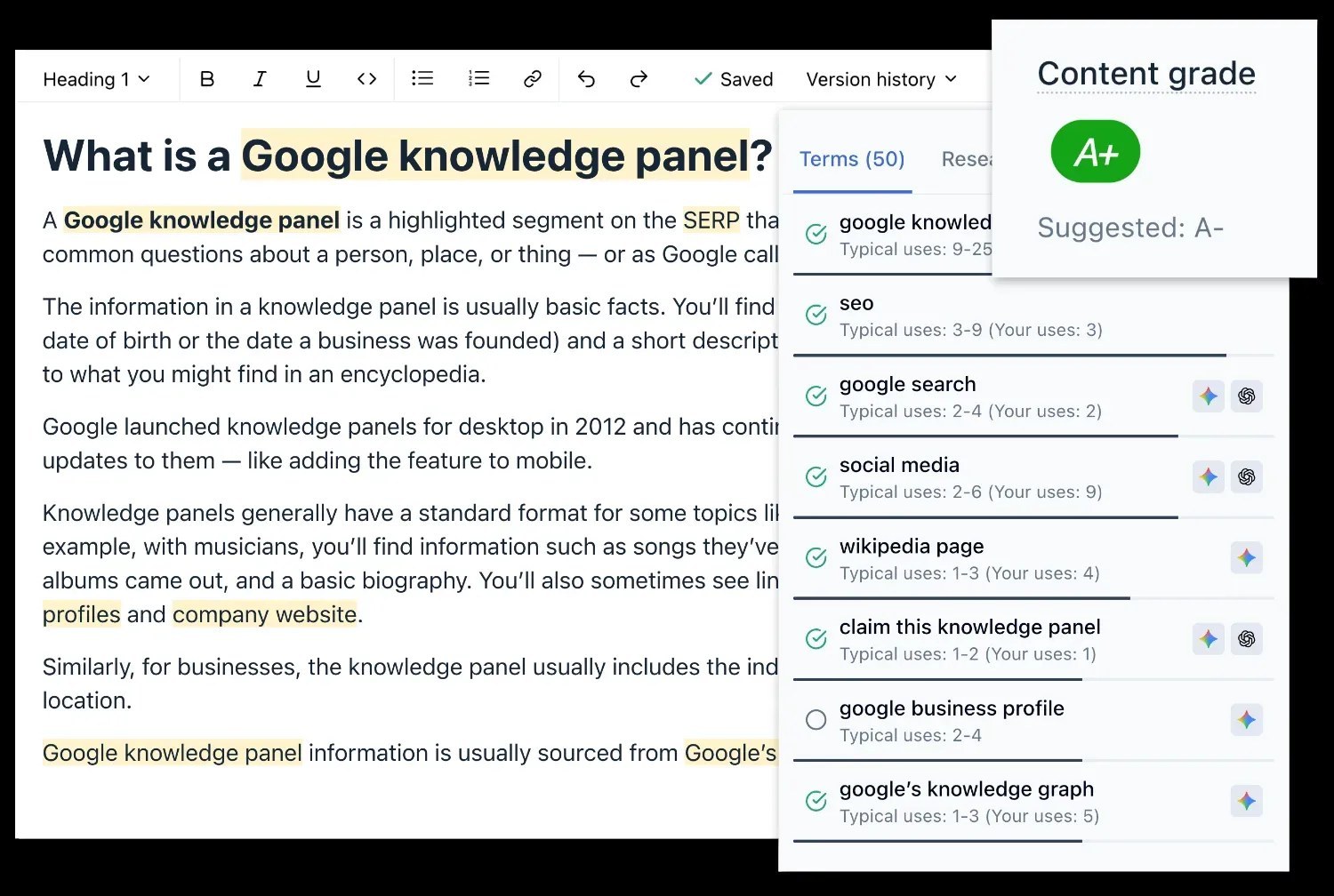 Clearscope Optimize interface with content grade and term recommendations