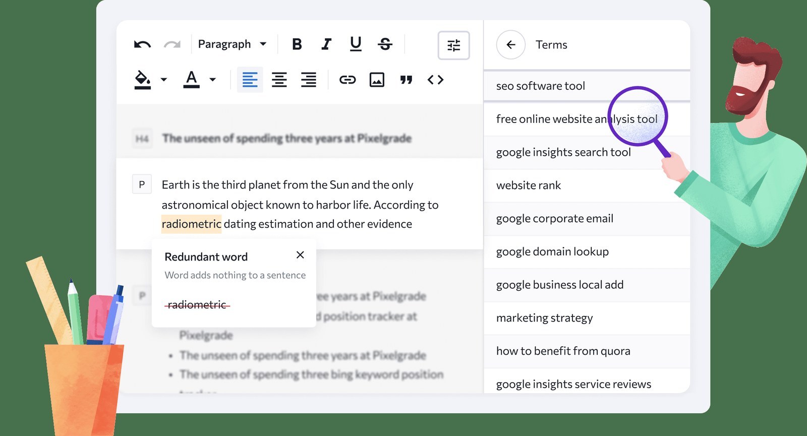 SE Ranking Content Editor showing SERP-based content optimization guidance