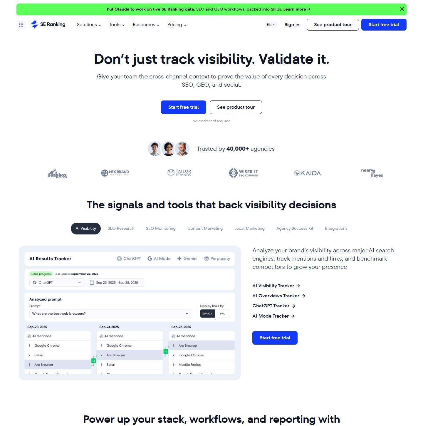 SE Ranking homepage presenting its all-in-one SEO and GEO platform