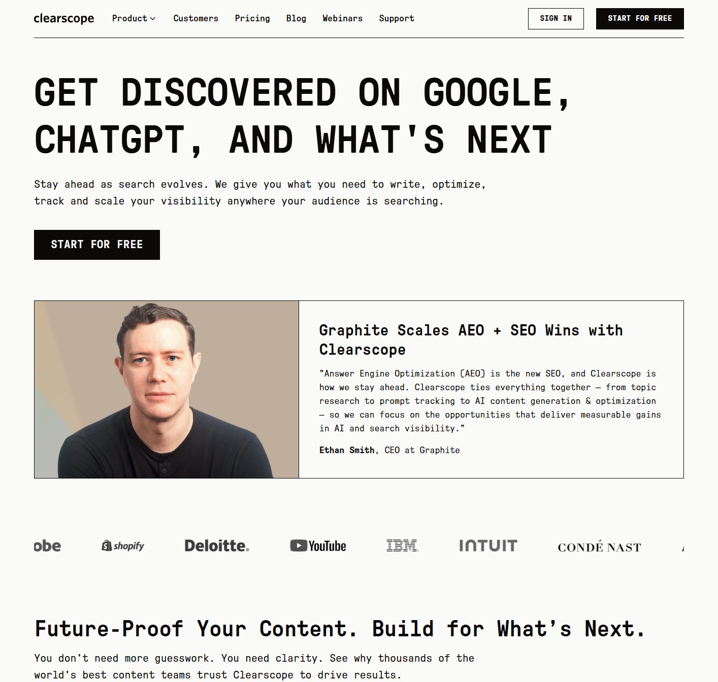 Clearscope homepage presenting content optimization and visibility across Google, ChatGPT, and Gemini