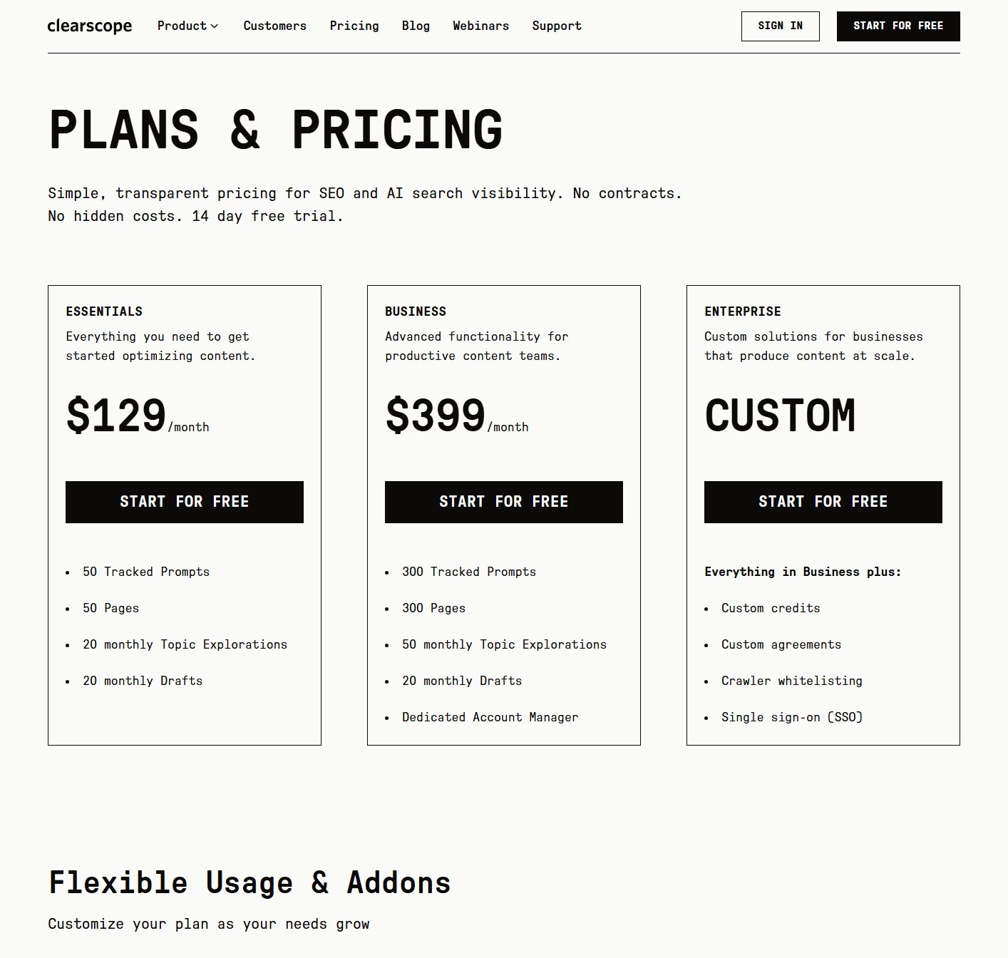 Clearscope pricing page showing Essentials, Business, Enterprise, and a 14-day trial