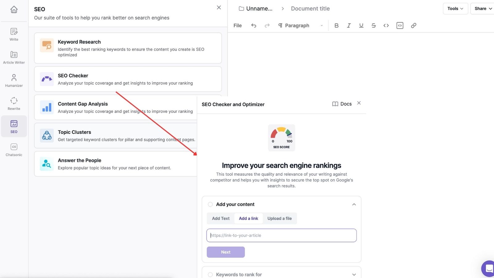 Writesonic SEO Suite interface showing content scoring and optimization recommendations
