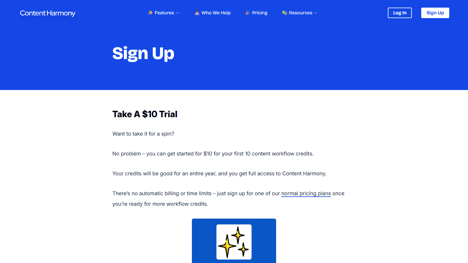 Content Harmony sign-up page confirming the $10 trial with 10 workflow credits