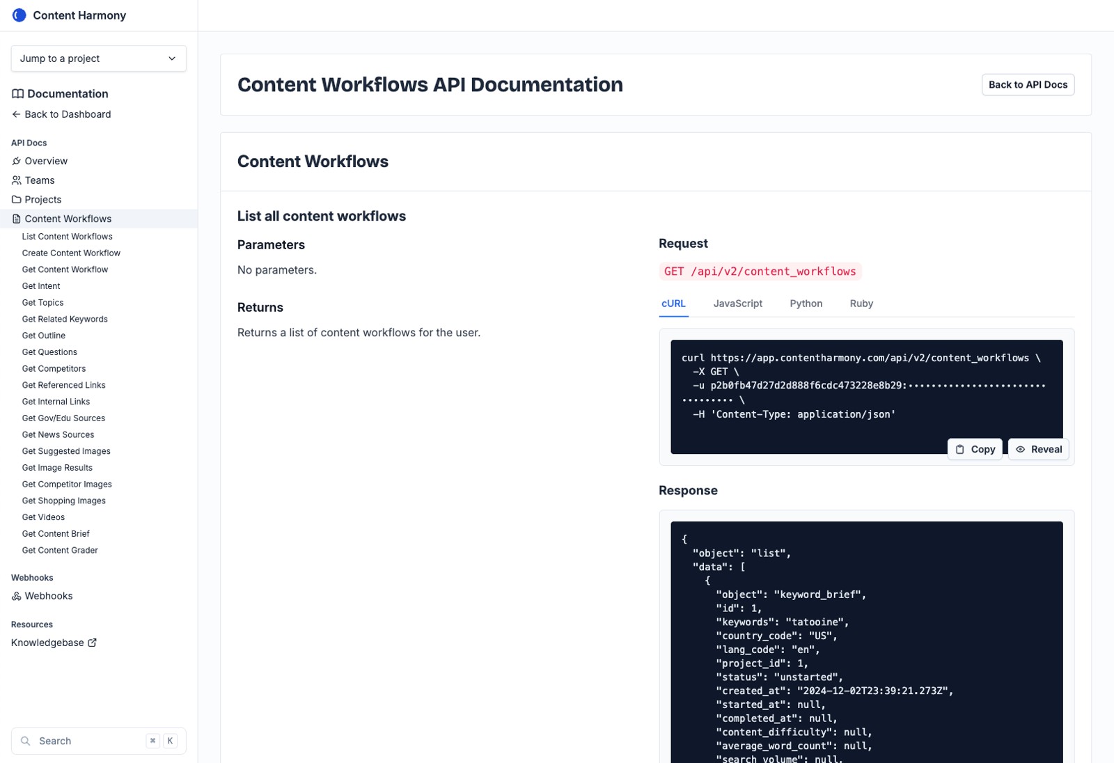 Content Harmony API access for integrating keyword reports, briefs, and grading into other workflows