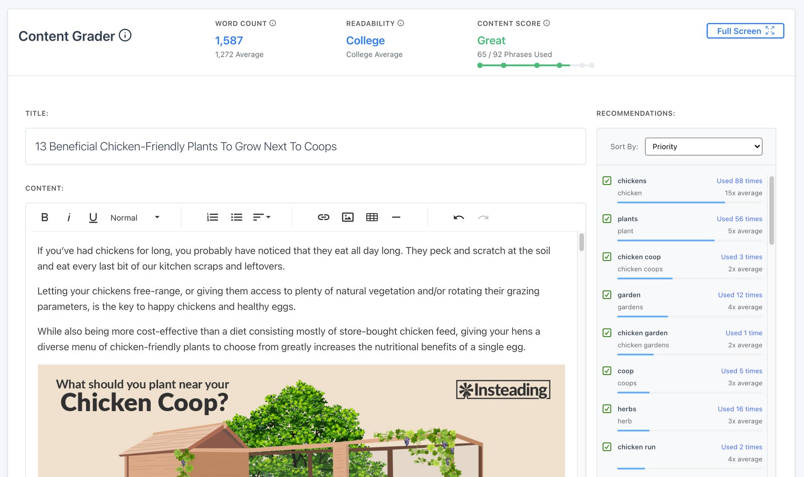 Content Harmony Content Grader showing topic coverage guidance for a draft