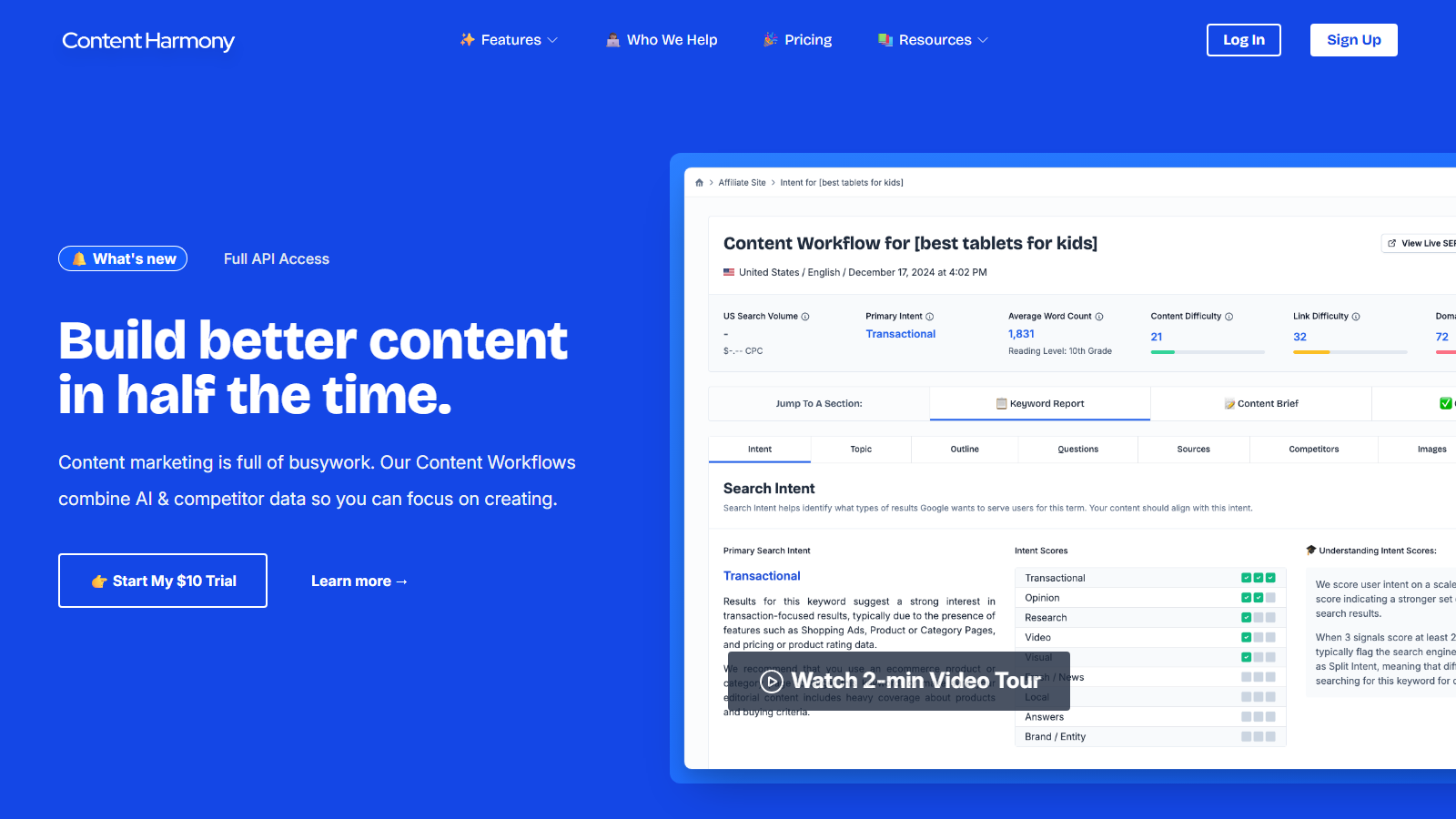 Content Harmony official homepage showing its content workflow and briefing platform