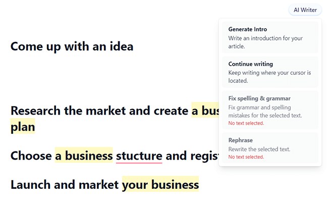 Dashword AI Writer options inside the content workflow
