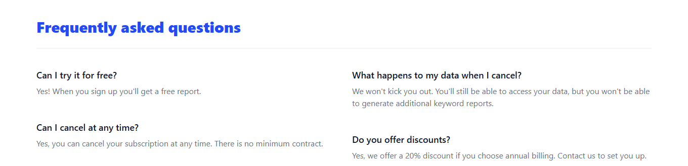 Dashword pricing FAQ confirming one free report and 20 percent off annual billing