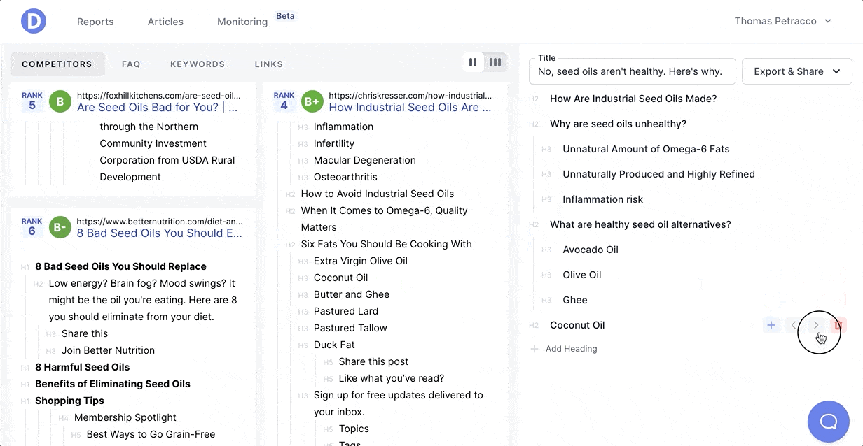 Dashword content brief builder with competitor outlines and an editable article structure