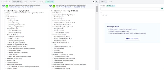 Dashword content brief builder with competitor headings and an editable outline
