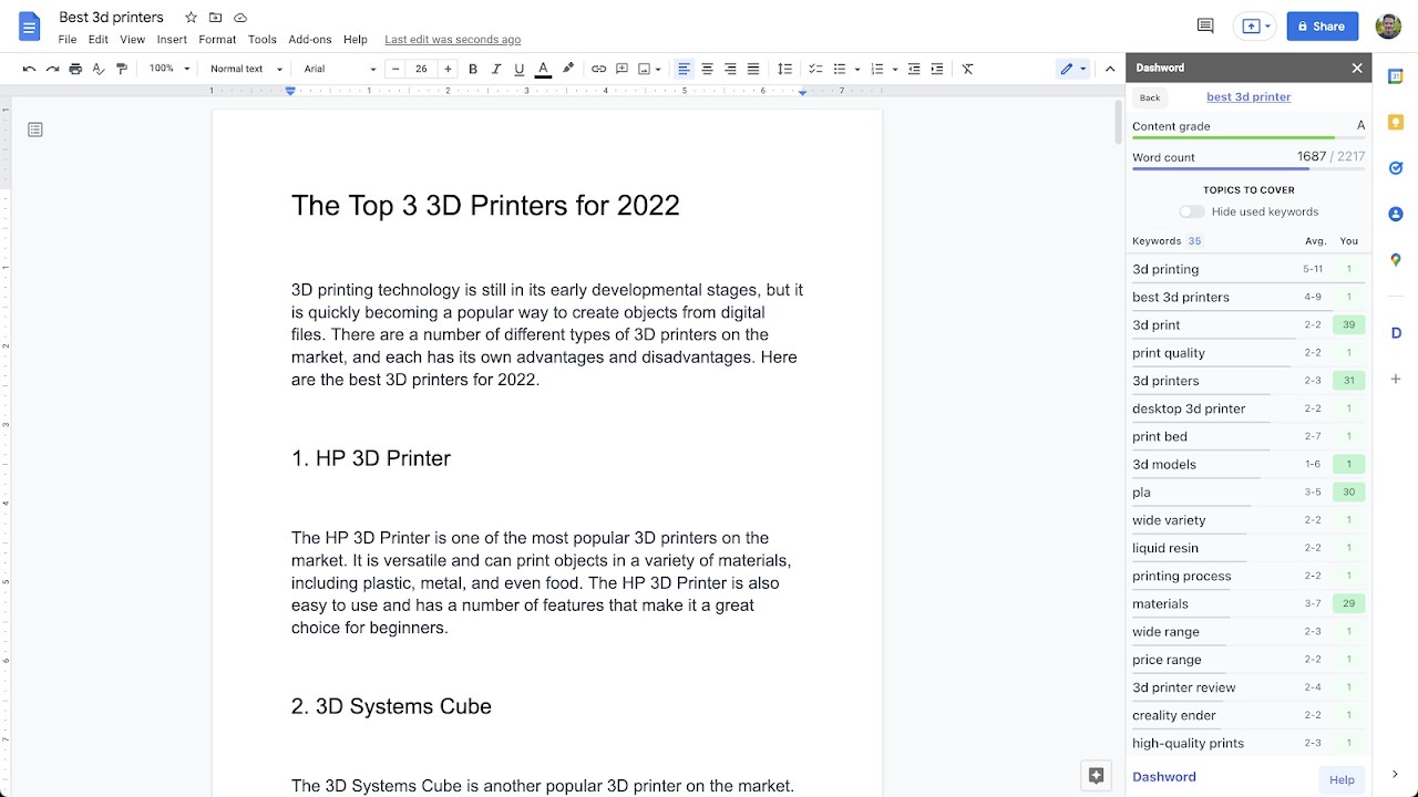 Dashword Google Docs add-on showing optimization guidance in a familiar editor