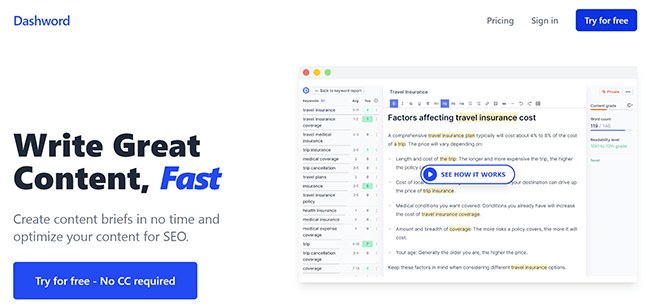 Dashword homepage showing its content optimization positioning