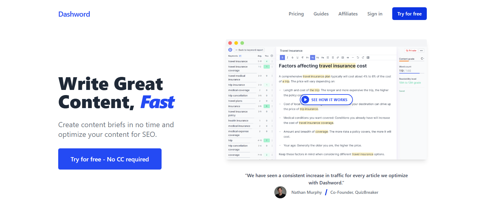 Dashword official homepage presenting content briefs and optimization