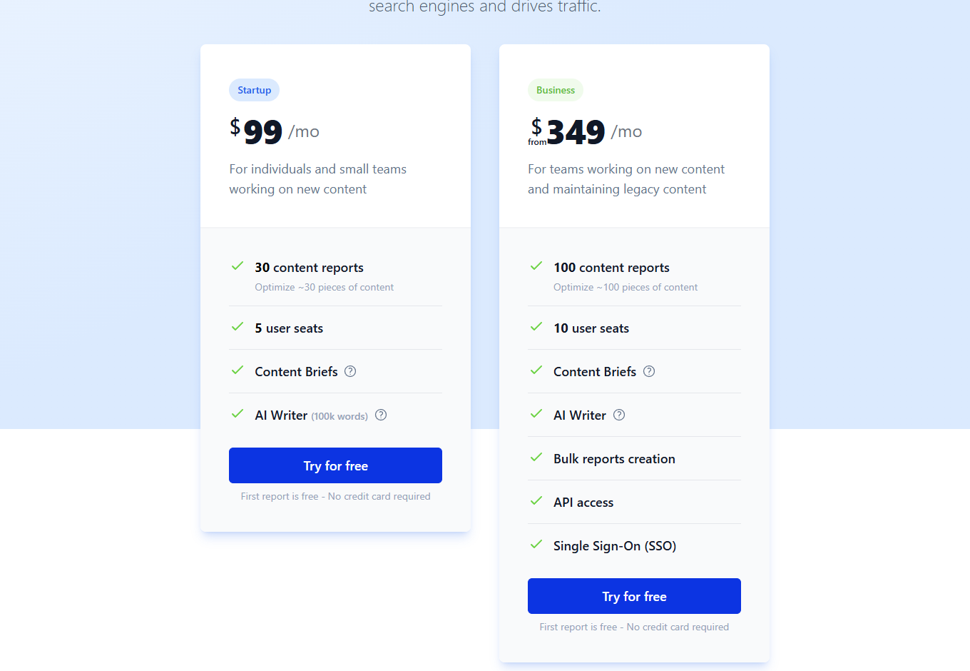 Dashword pricing plans showing Startup at $99 per month and Business from $349 per month