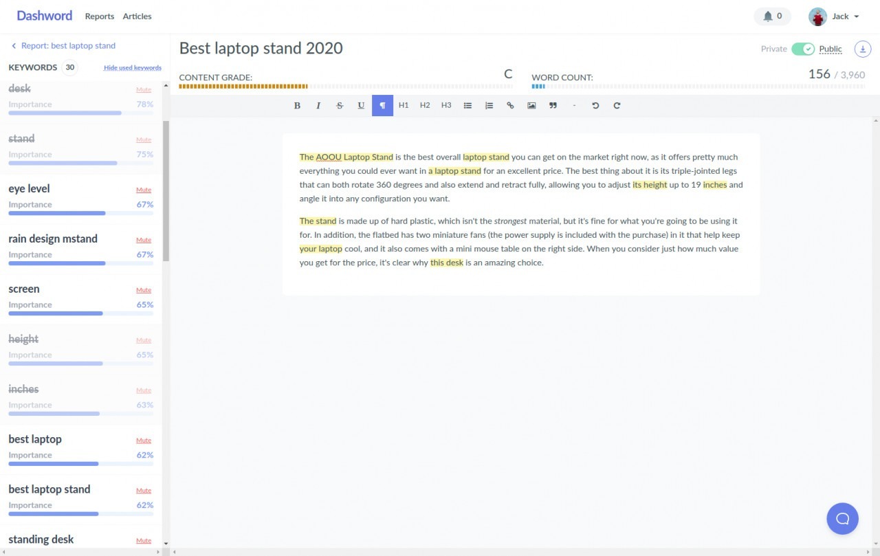 Dashword article editor with public visibility controls