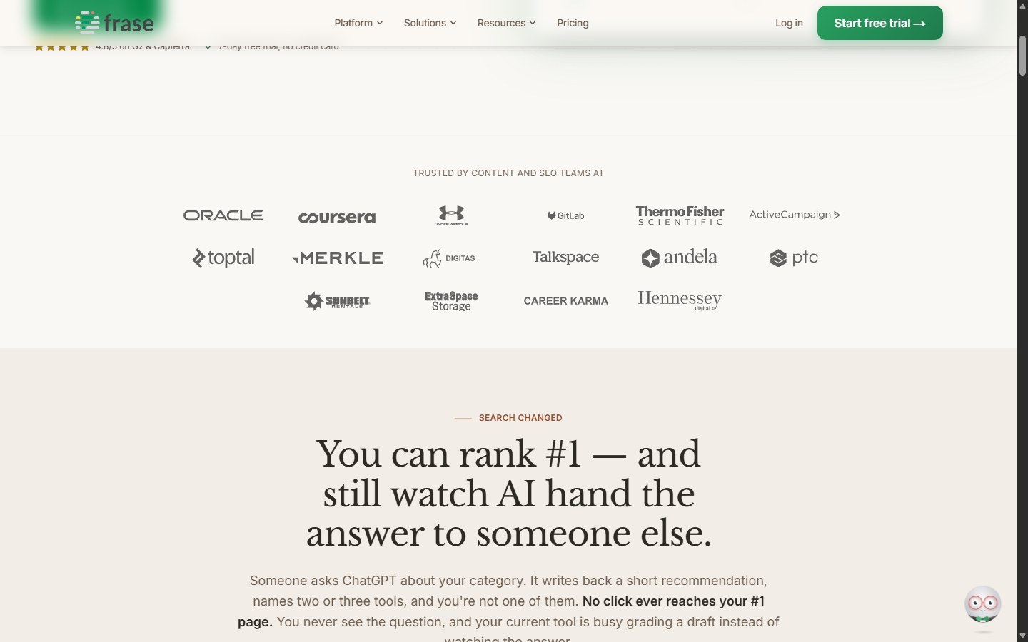 Frase homepage for content briefs, research, and optimization