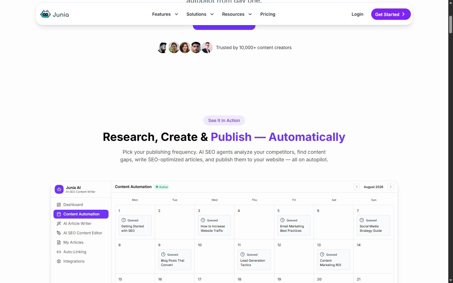 Junia AI homepage for long-form SEO article automation