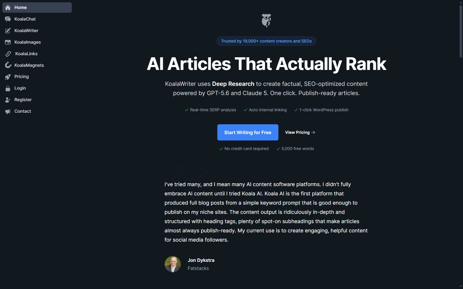 KoalaWriter homepage showing SEO article generation
