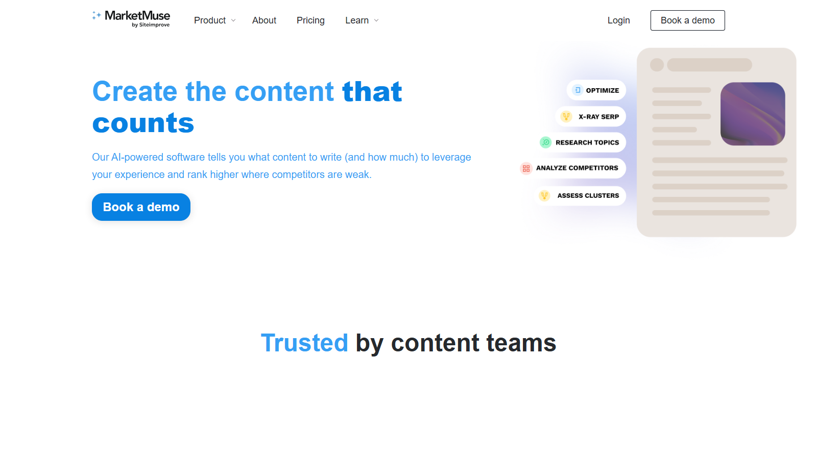 MarketMuse official homepage showing content strategy and topic modeling
