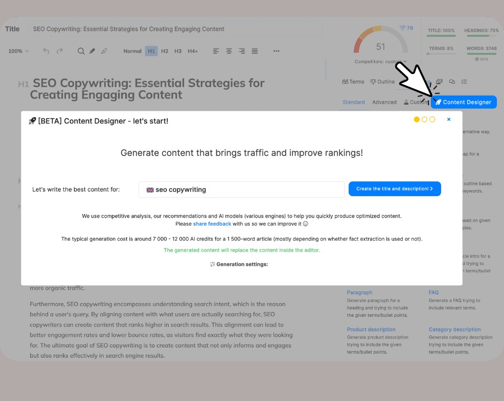 NeuronWriter AI content workflow for drafting and optimization tasks