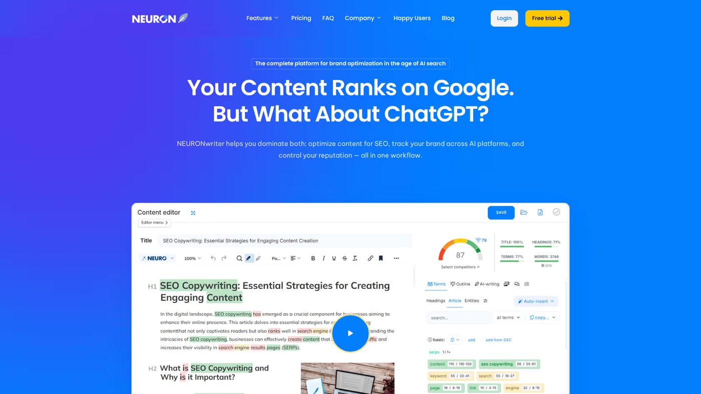 NeuronWriter landing page showing the AI SEO content optimization platform overview